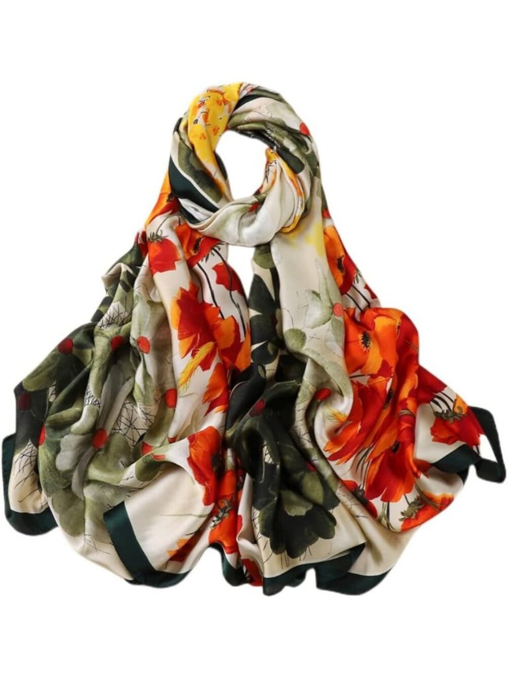 Women's White Orange Light Silk Like Scarves Flower Print Head Cotton Wrap Scarf